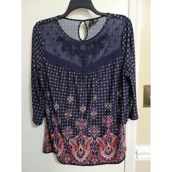 New Directions 3/4 Sleeve Tunic Embroidered Plus Size Top - Size 1X - Navy Multi - Picture 2 of 9